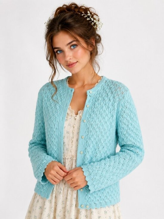 Cuddle Knit Sweaters - Vintage Cuddle Knit Wintuk Aqua Blue Open Knit Cardigan Sweater Medium